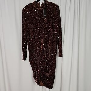 Eloquii Sequin Long Sleeve Dress in Rich Brown
